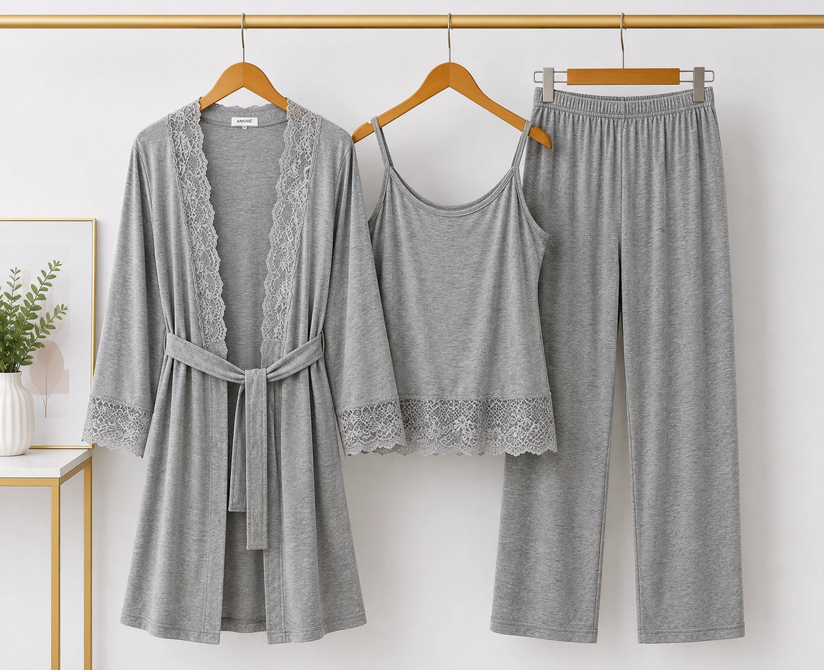 Women’s Premium 3-Piece Sleepwear Set - Heather Grey