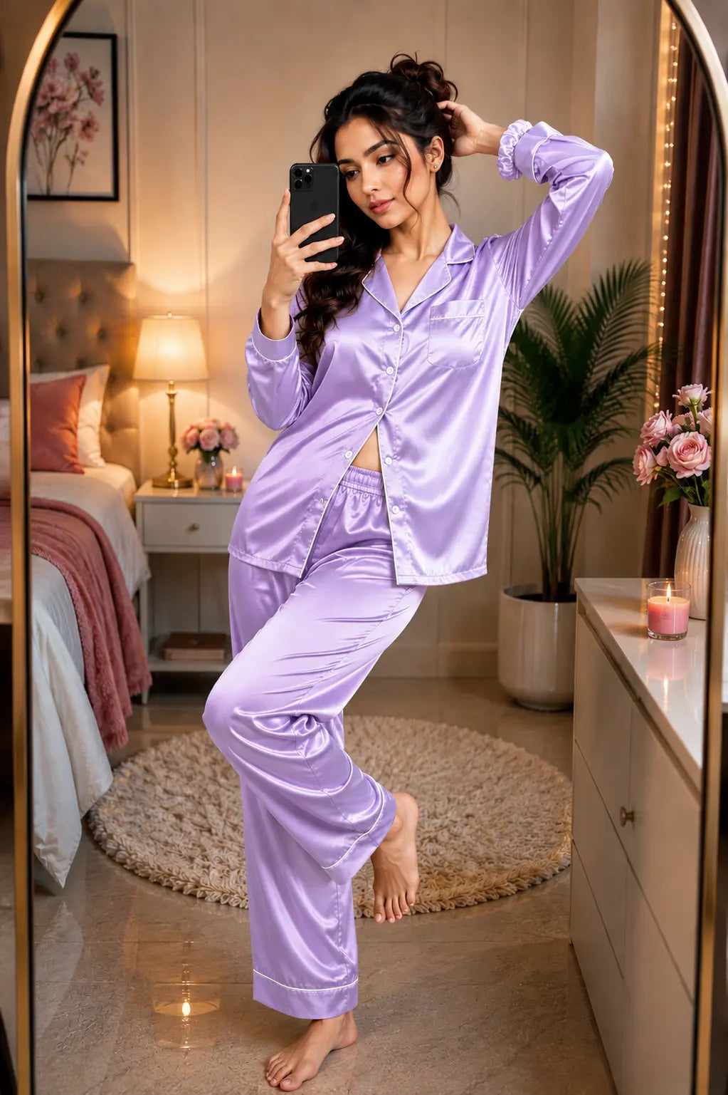 Silk Pajama Set With Scrunchie - Light Purple