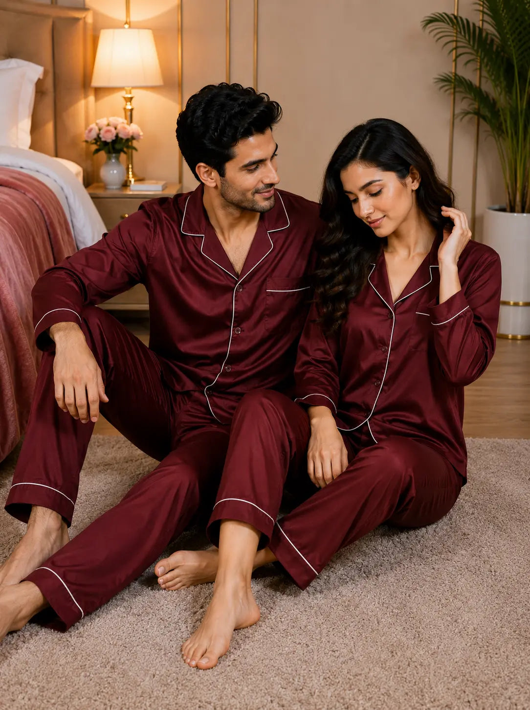 Couple’s Premium Silk Pajama Set - Maroon