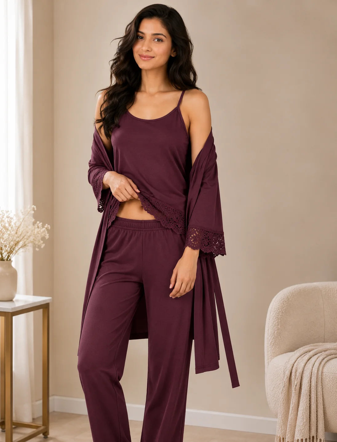 Women’s Premium 3-Piece Sleepwear Set - Maroon