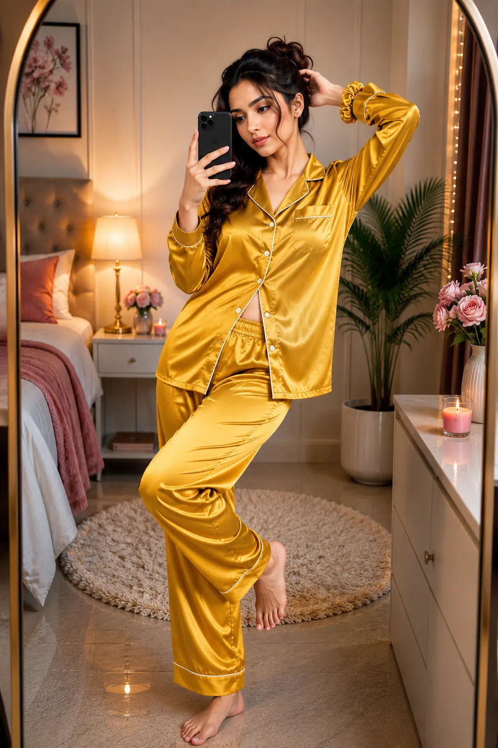 Silk Pajama Set With Scrunchie - Mustard