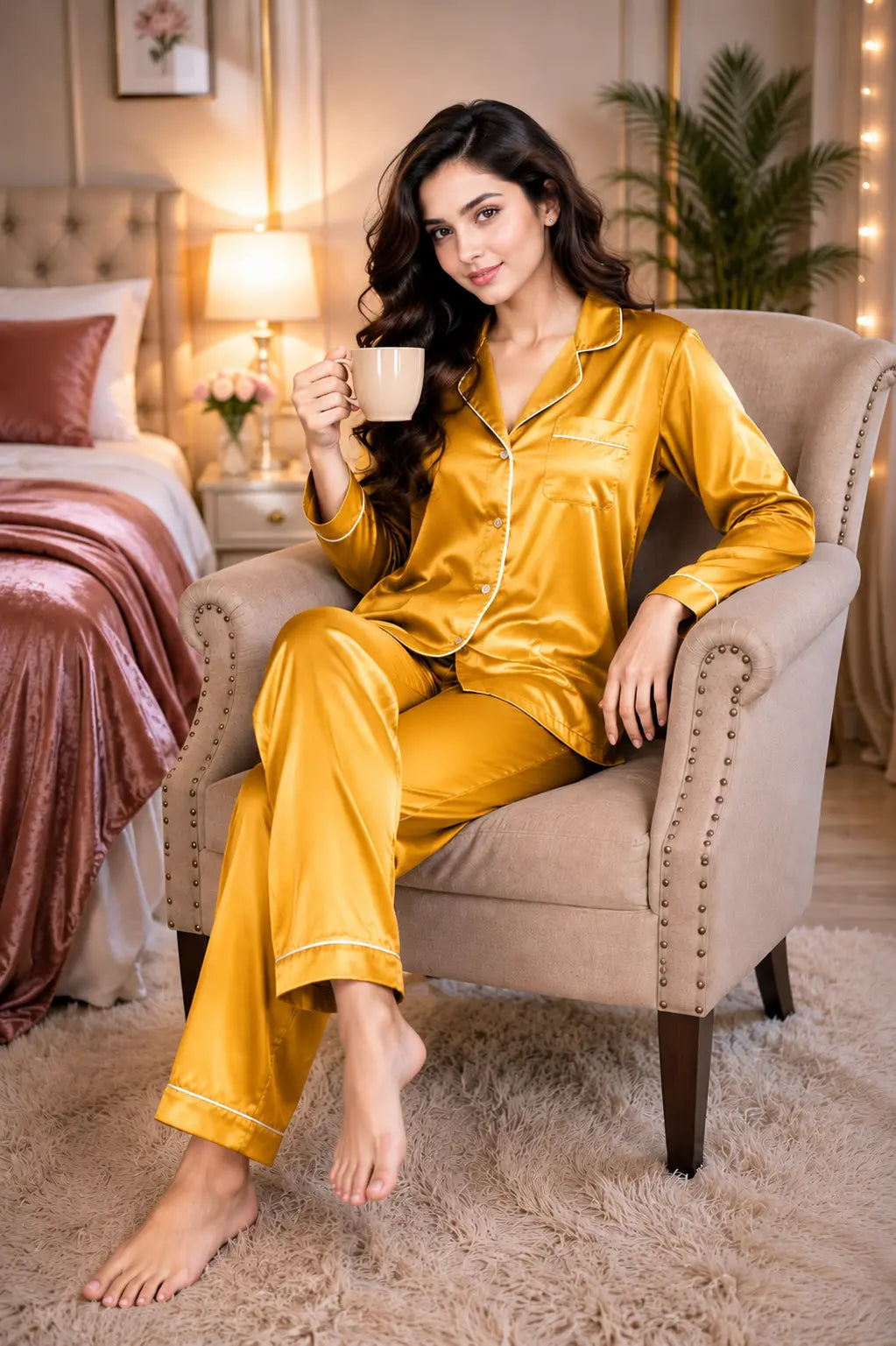 Silk Pajama Set With Scrunchie - Mustard