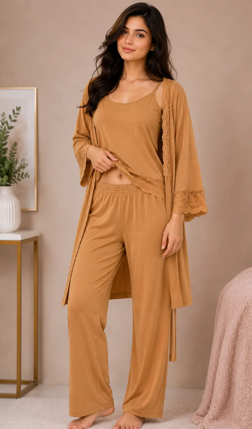 Women’s Premium 3-Piece Sleepwear Set - Mustard Brown