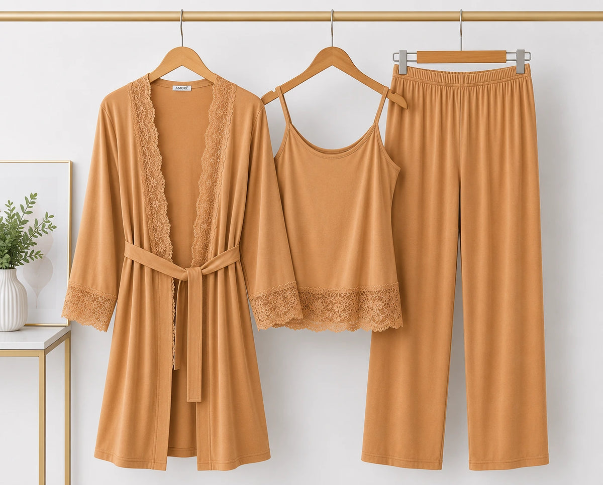 Women’s Premium 3-Piece Sleepwear Set - Mustard Brown