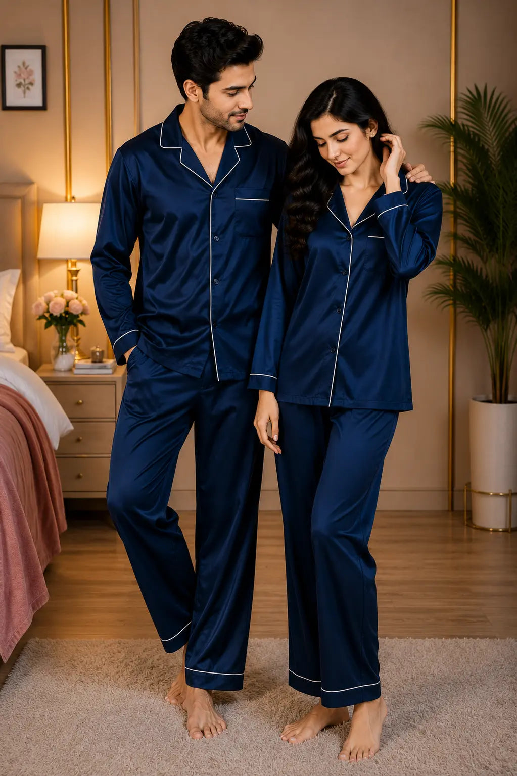 Couple’s Premium Silk Pajama Set - Navy Blue