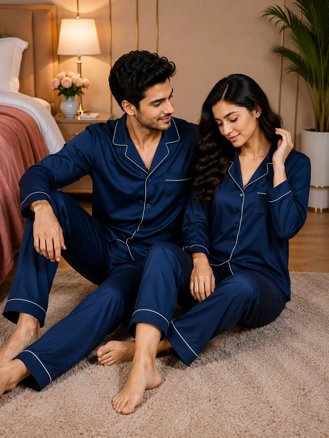 Couple’s Premium Silk Pajama Set - Navy Blue