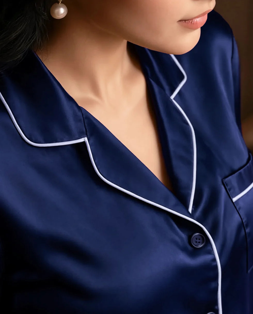 Silk Pajama Set With Scrunchie - Navy Blue