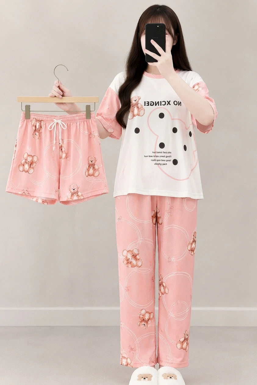 3 Piece Pink Teddy Bear Imported Nightwear Set