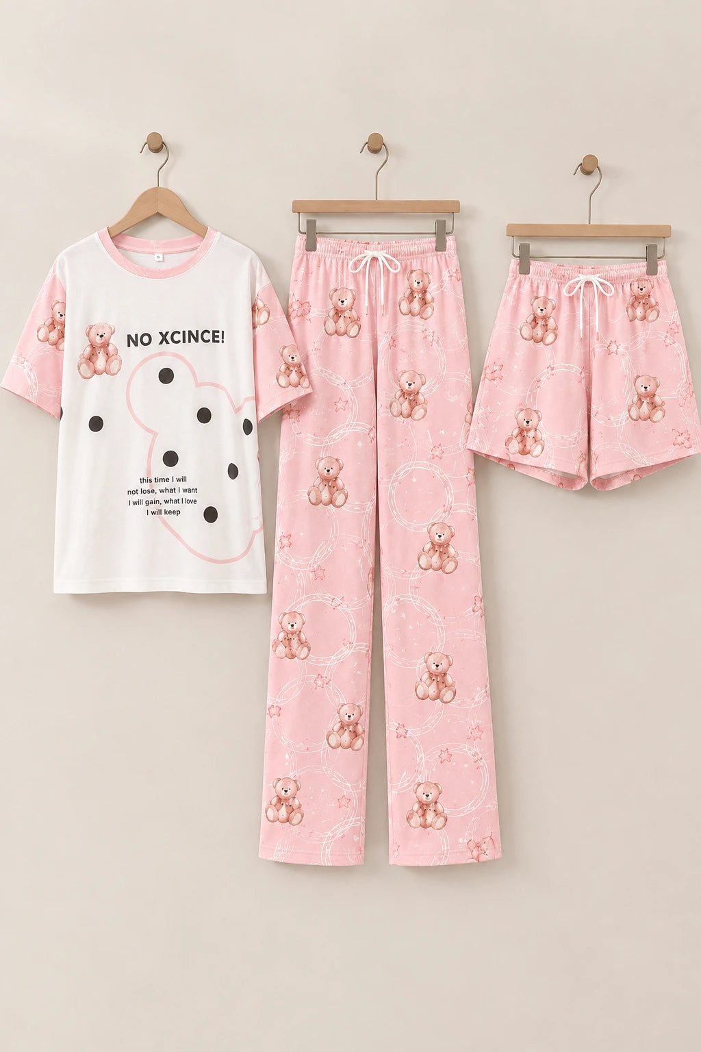 3 Piece Pink Teddy Bear Imported Nightwear Set