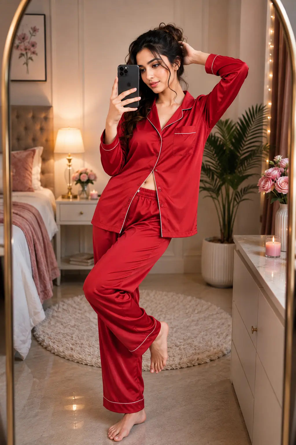 Silk Pajama Set With Scrunchie - Red