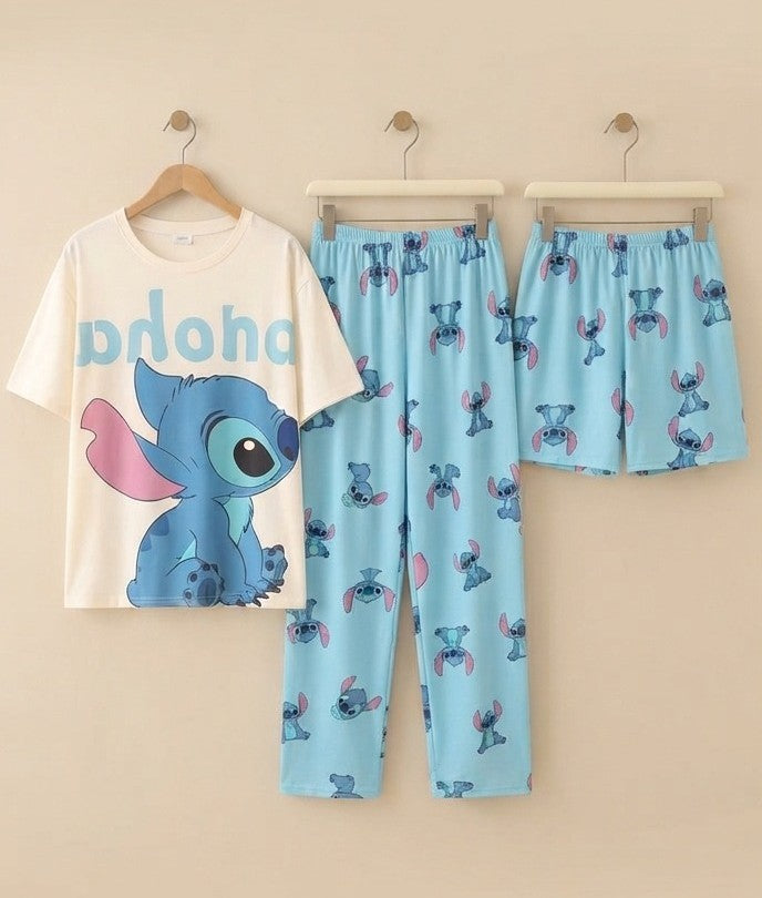3 Piece Stitch Cartoon Imported Nightwear Set