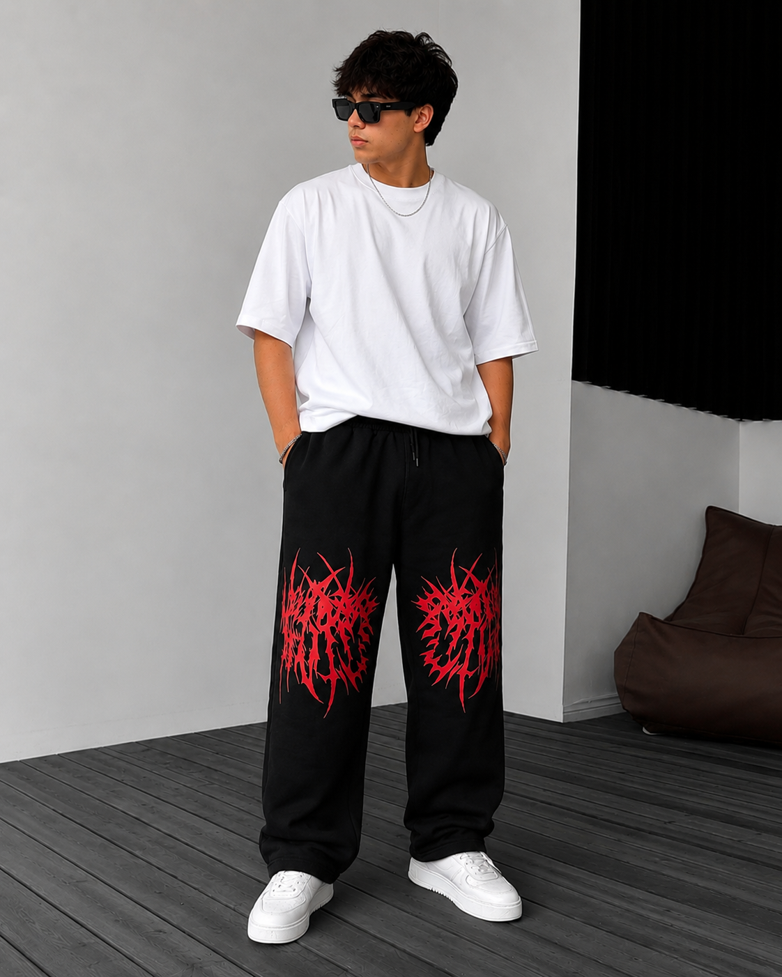 Men’s Black Baggy Graphic Jogger Pants – Red Abstract Print