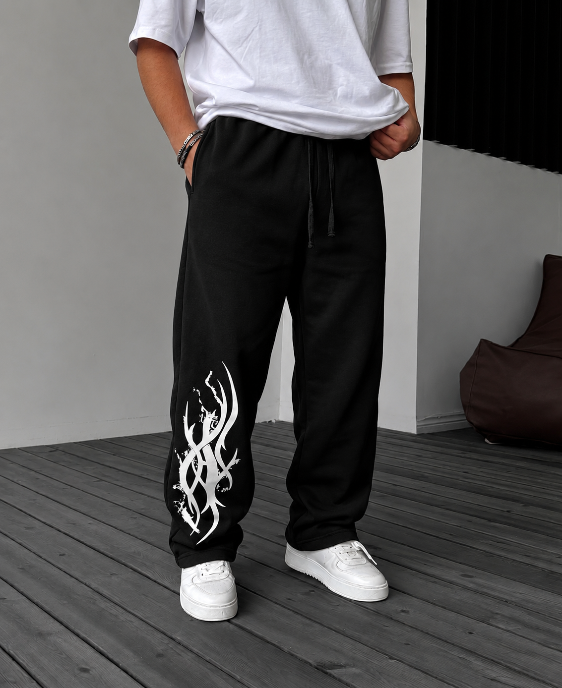 Men’s Black Baggy Graphic Jogger Pants - White Abstract Print