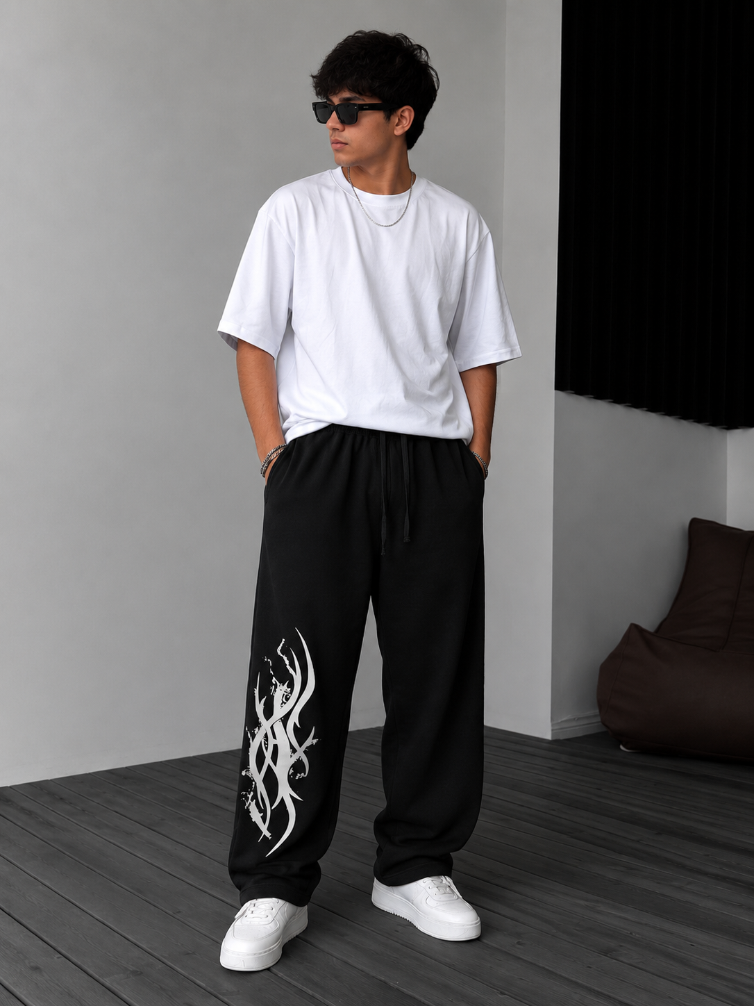 Men’s Black Baggy Graphic Jogger Pants - White Abstract Print