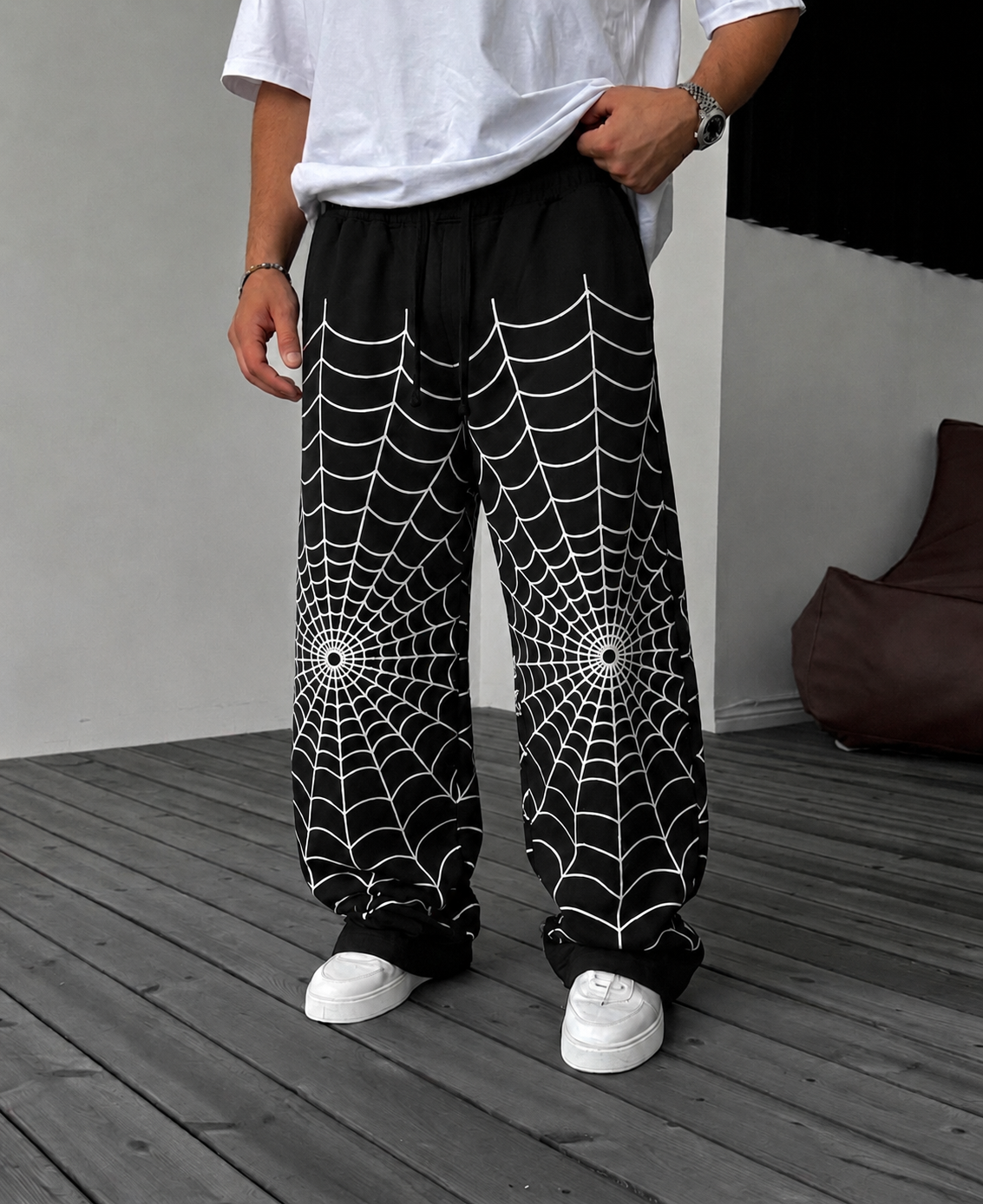 Men’s Black Baggy Graphic Jogger Pants - White Spider Print