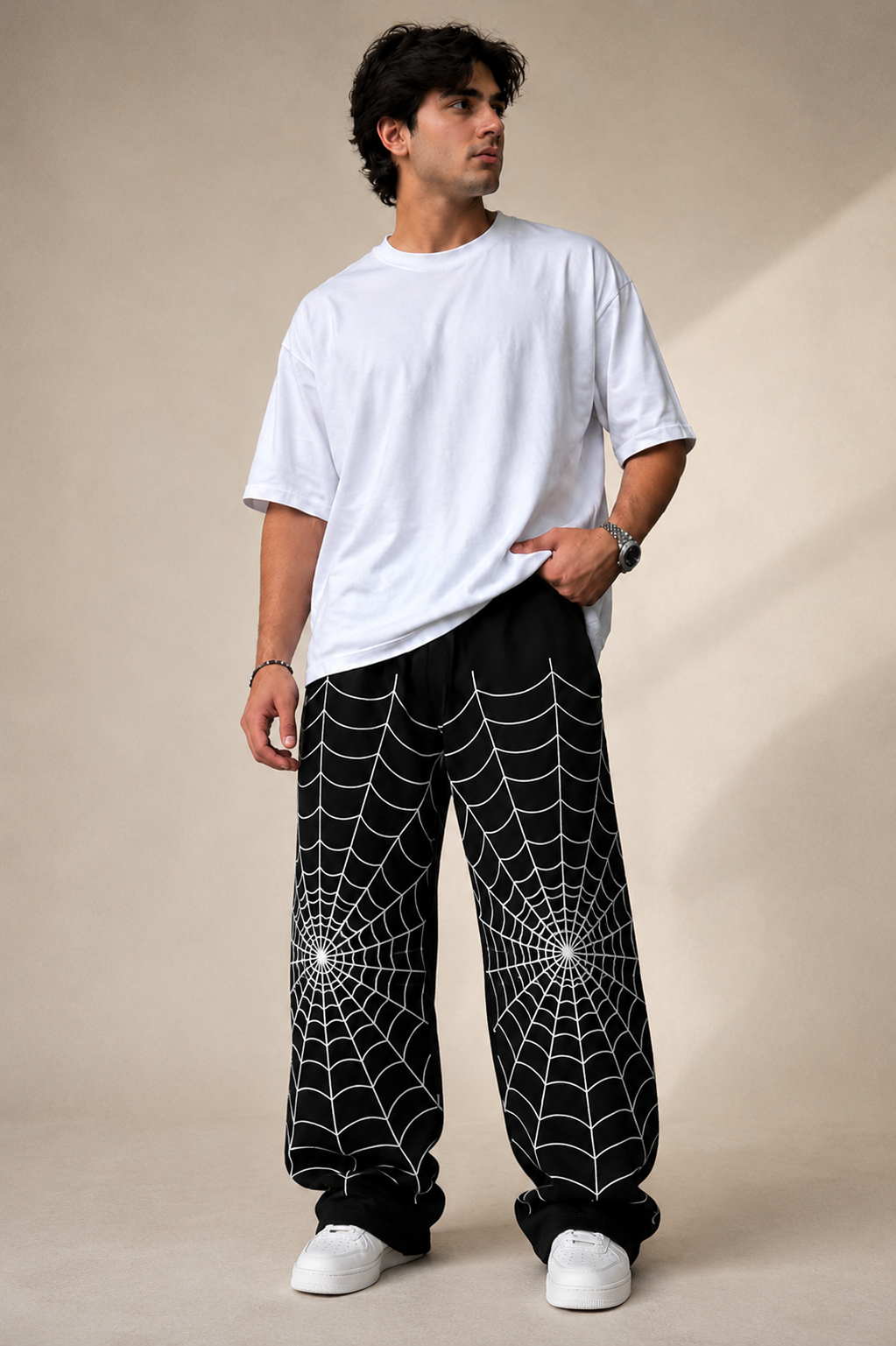 Men’s Black Baggy Graphic Jogger Pants - White Spider Print