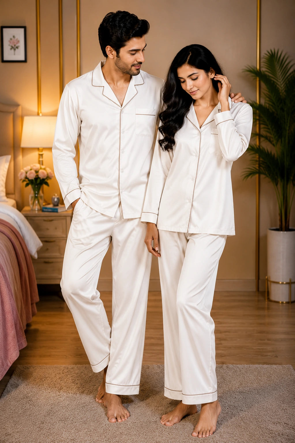 Couple’s Premium Silk Pajama Set - White